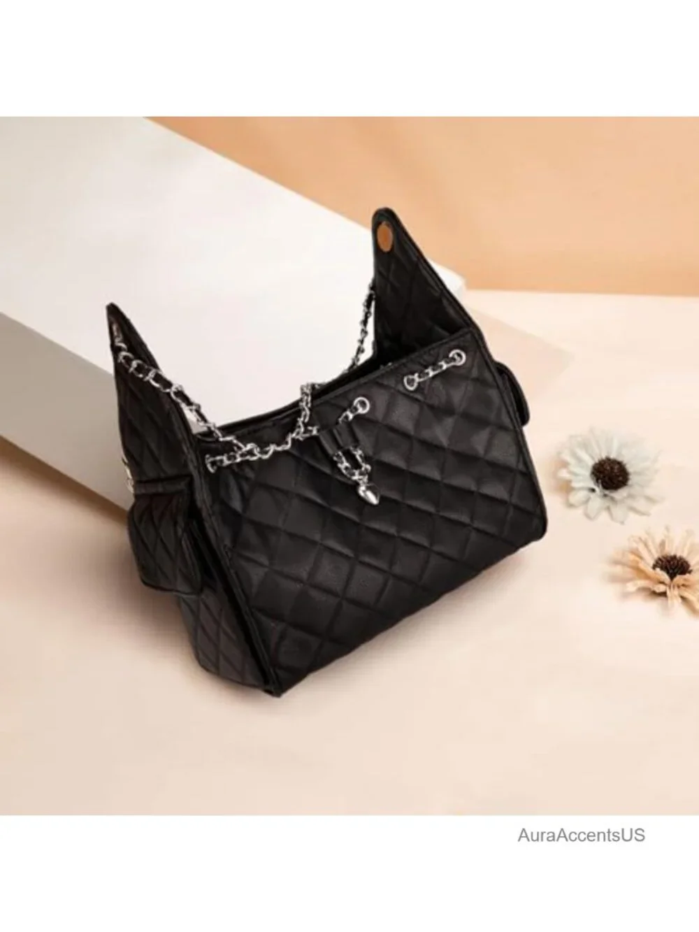 Quilted Vegan Leather Hobo Purse with Chain Strap Magnetic Closure